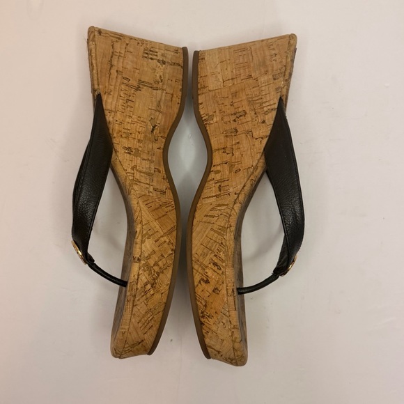 Tory Burch Thora Cork Wedge Thong Sandals Black Leather Logo Size 9 - Picture 4 of 9